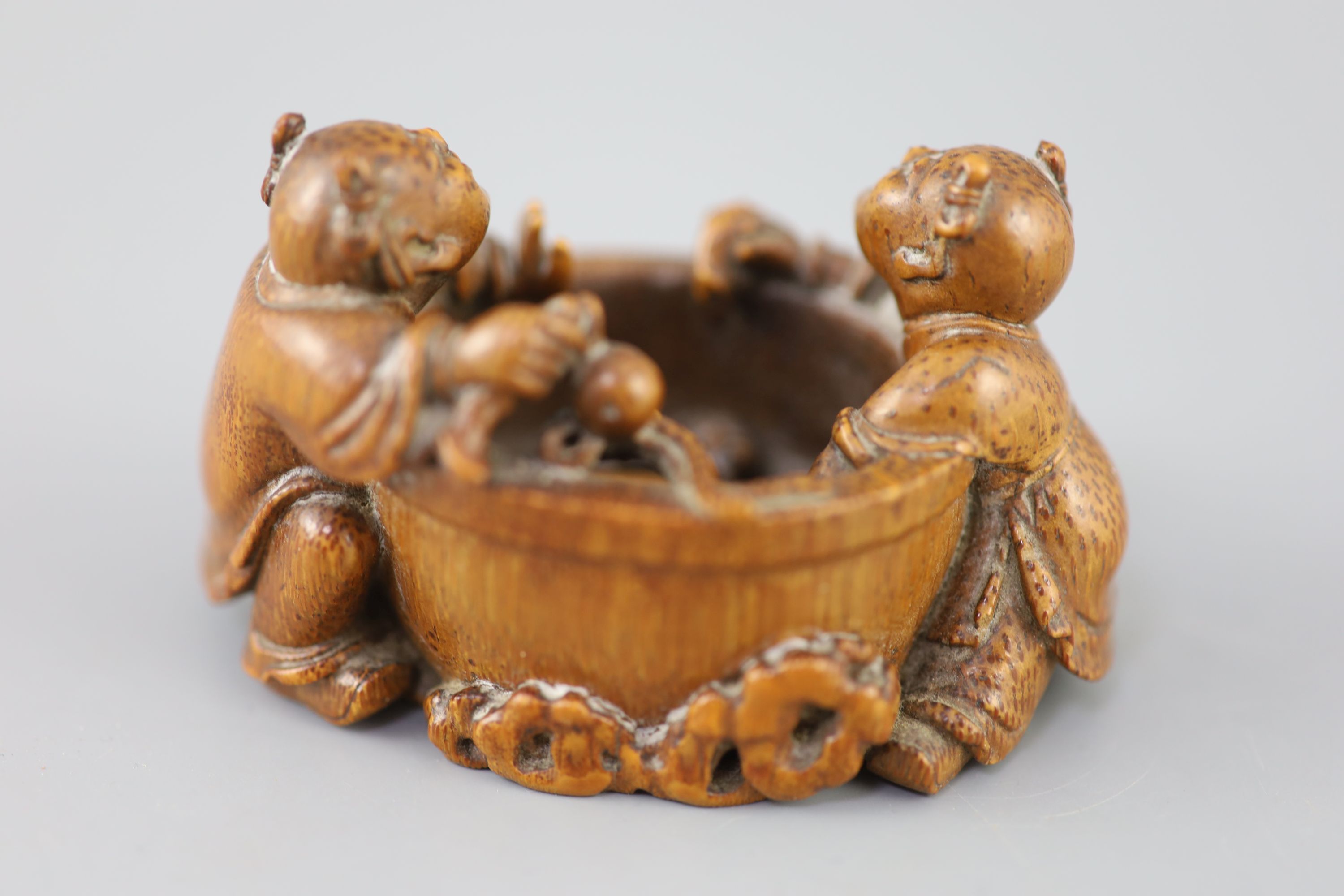 A fine and rare Chinese bamboo-root boys and fish bowl brush washer, 18th/19th century,